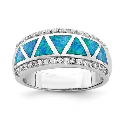 Triangle Created Blue Opal &amp; CZ Diamond Ring Sterling Silver Rhodium-plated QR6991, MPN: QR6991, 88…