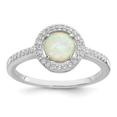 White Created Opal CZ Diamond Halo Ring Sterling Silver Rhodium-Plated Polished QR7329, MPN: QR7329,