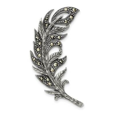 Marcasite Feather Pin Brooch Sterling Silver Antiqued Polished QP5418, MPN: QP5418,