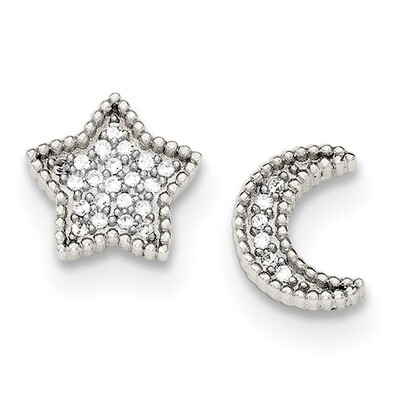 CZ Diamond Moon and Star Post Earrings Sterling Silver Polished QE11460, MPN: QE11460, 191101921896
