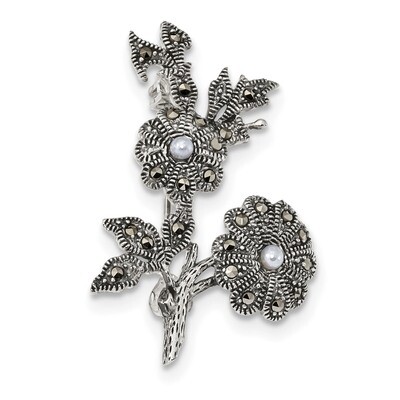 Marcasite &amp; Acrylic Pearl Flowers Pin Sterling Silver Antiqued QP4893, MPN: QP4893,