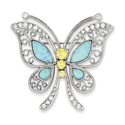 Opal with Yellow and Clear Diamond Butterfly Pin Sterling Silver QP353, MPN: QP353, 191101280085