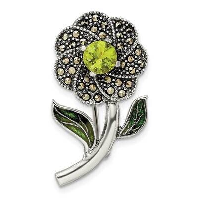Enamel Marcasite and Green Glass Stone Flower Pin Sterling Silver Antiqued QP5414, MPN: QP5414,