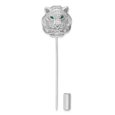 Clear and Green CZ Diamond Tiger Pin Sterling Silver Rhodium-Plated Polished QP5420, MPN: QP5420,