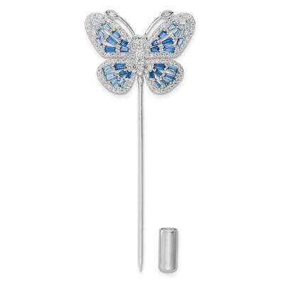 Blue and Clear CZ Diamond Butterfly Pin Sterling Silver Rhodium-Plated Polished QP5424, MPN: QP5424,