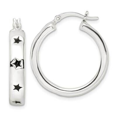 Black Enamel Star Circle Hoop Earrings Sterling Silver Polished QE16494, MPN: QE16494, 196904166482