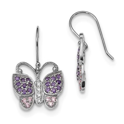 CZ Diamond Butterfly Shepherd Hook Earrings Sterling Silver Rhodium-plated QE13983, MPN: QE13983, 8…