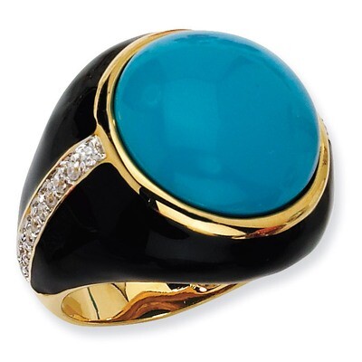 Gold-Plated Black Enam Simulated Turquoise &amp; Cz Ring Sterling Silver QCM540-7