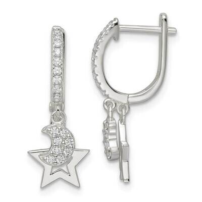 CZ Diamond Dangle Moon and Star Hinged Hoop Earrings Sterling Silver Polished QE16481, MPN: QE16481…