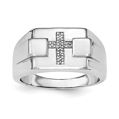 Diamond Cross Signet Ring Sterling Silver Rhodium QR6472-10, MPN: QR6472, 191101487217