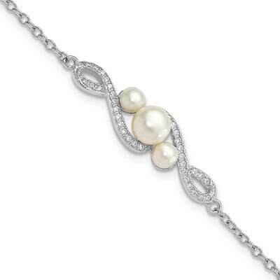 CZ Diamond 4-7mm White Button Cultured Freshwater Pearl with 2 Inch Ext. Bracelet 9 Inch Sterling S…