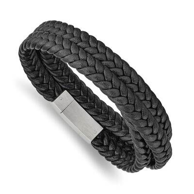 Black Leather Braided 23In Wrap Bracelet Stainless Steel Brushed SRB2461, MPN: SRB2461, 191101860782