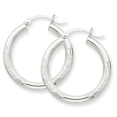 Satin &amp; Diamond-cut 3mm Round Hoop Earrings 10k White Gold 10TC277, MPN: 10TC277, 883957896755