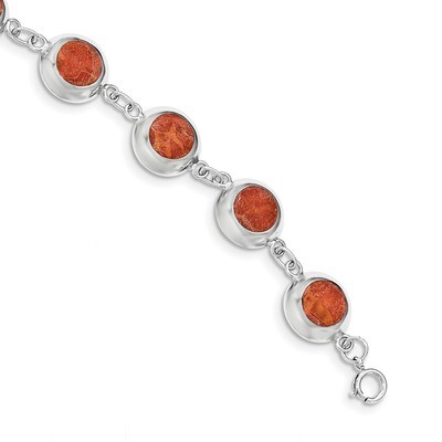 Polished Round Red Synthetic Coral Bracelet Sterling Silver QG3986-7