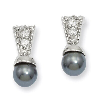 Rhodium-Plated Kelly Waters Black Simulated Pearl Cz Earrings KW237