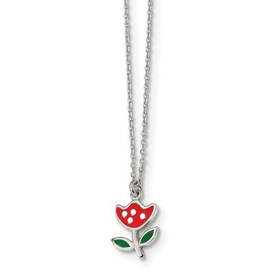 Enameled Red Flower 14in Necklace 14 Inch Sterling Silver Polished QG4661-14, MPN: QG4661-14, 19110…