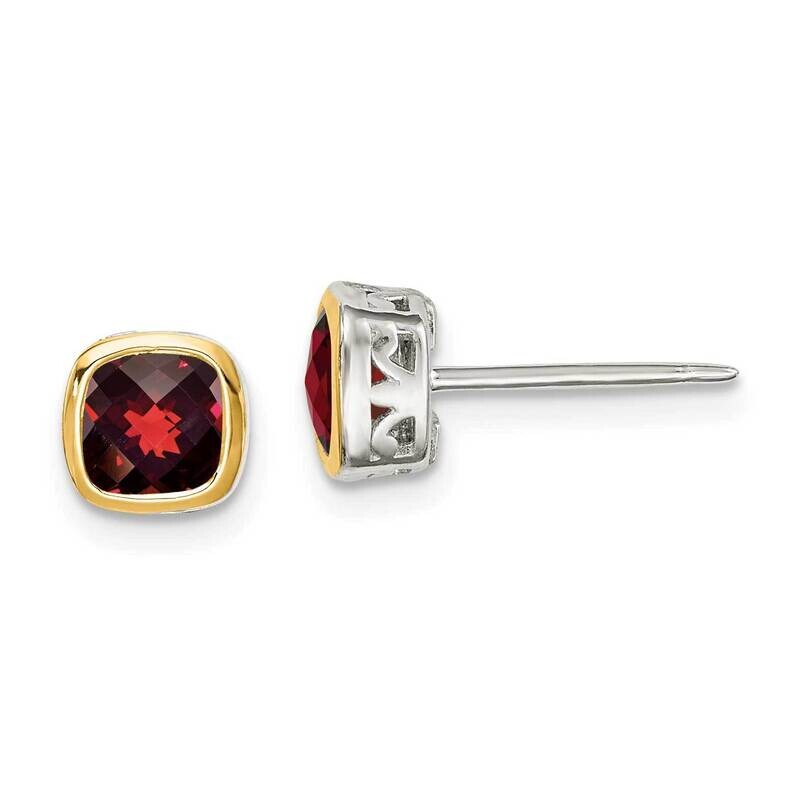 Garnet Square Stud Earrings Sterling Silver with 14k Gold Accent QTC1724
