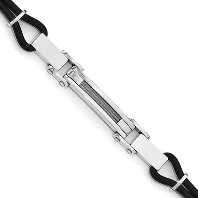 Polished with Wire Inlay &amp; PU Cord Bracelet - Stainless Steel SRB1752-9 by Chisel, MPN: SRB1752-9, …