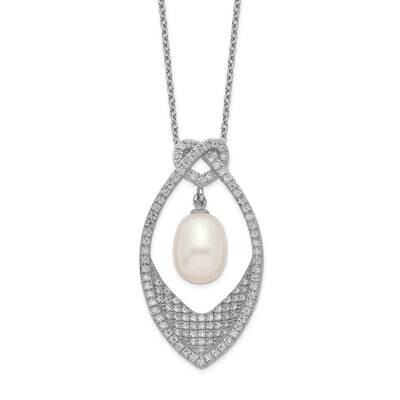 8-9mm White Rice Cultured Freshwater Pearl CZ Diamond Necklace Sterling Silver Rhodium-plated QH550…