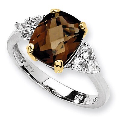 Smoky Quartz and White Topaz Ring Sterling Silver &amp; 14K Gold QR2628, MPN: QR2628, 685146725415