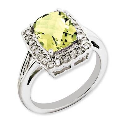 Checker-Cut Lemon Quartz &amp; Diamond Ring Sterling Silver Rhodium-plated QR3314LQ-7, MPN: QR3314LQ-7,…