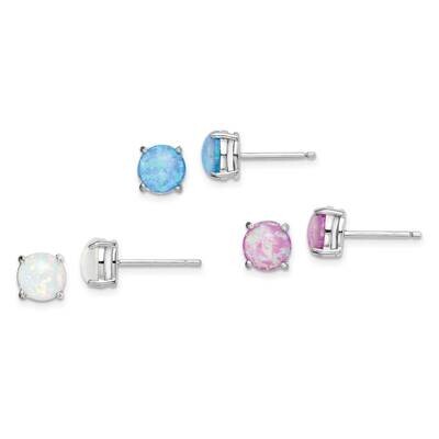 Pink, White, &amp; Blue Created Opal Stud Three Set of Earri Sterling Silver QE15432SET, MPN: QE15432SE…