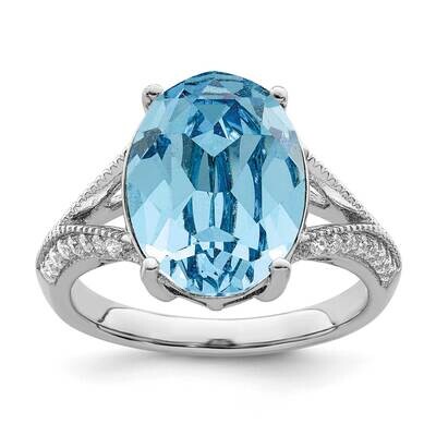 CZ Diamond &amp; Blue Swarovski Crystal Ring Sterling Silver Rhodium-Plated Polished QR7343, MPN: QR734…