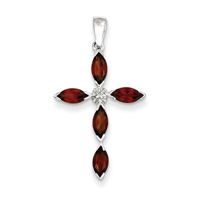 Garnet &amp; Diamond Cross Pendant Sterling Silver Rhodium-plated QDX904, MPN: QDX904, 883957540030