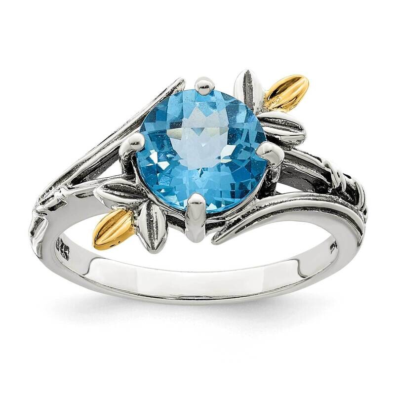 Sterling Silver with Leaves Round 1.92Bt Ls Blue Topaz Ring 14k Gold QTC1760, MPN: QTC1760,