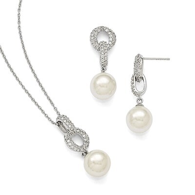 10-11Mm White Shell Bead &amp; CZ Earrings and Necklace Set Sterling Silver QMJS101W, MPN: QMJS101W, 88…
