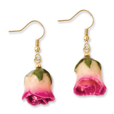White Pink Rose Dangle Earrings Lacquer Dipped BF1994, MPN: BF1994, 810391014483