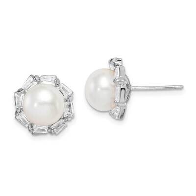 8-9mm White Button Freshwater Cultured Pearl CZ Diamond Earrings Sterling Silver Rhodium Plated QE1…