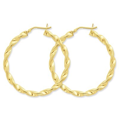 Gold-flashed Patterned Twist 45mm Hoop Earrings Sterling Silver QE6668, MPN: QE6668, 886774247748