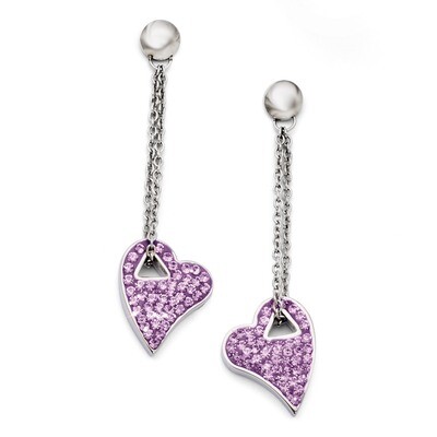Light Purple Crystal Post Dangle Heart Earrings - Stainless Steel SRE688 by Chisel, MPN: SRE688, 88…