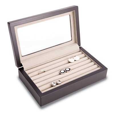 Matte Black Wood Cufflink Box with Glass Top &amp; Velour Lining GM13305, MPN: GM13305, 797140576259