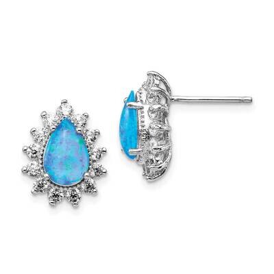 CZ Diamond &amp; Created Blue Opal Stud Earrings Sterling Silver Rhodium Plated QCM1405, MPN: QCM1405, …