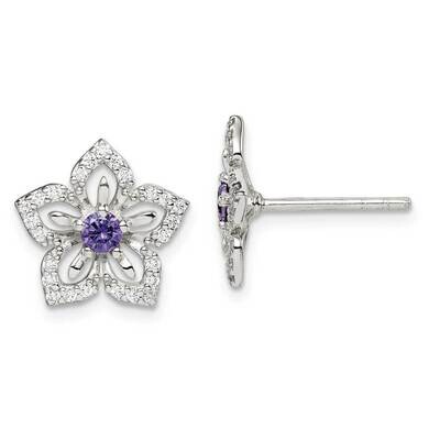 Purple &amp; Clear Flower Post Earrings Sterling Silver CZ Diamond QE14268, MPN: QE14268, 886774016795