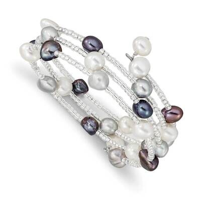 7-8mm Black/Grey/White Glass beads 3-row Coil Slip-on Bangle Pearl QG5106, MPN: QG5106, 196904160480
