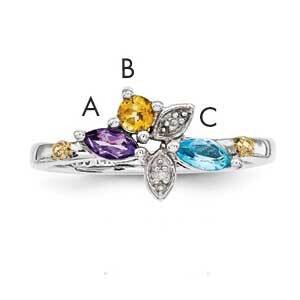 Three-stone and Diamond Mother&#39;s Ring Sterling Silver &amp; 14k Gold QMR45/3SY-10, MPN: QMR45/3SY-10,