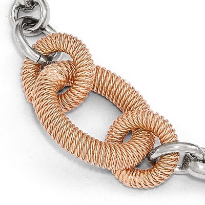 Rose-tone Polished &amp; Textured Link Bracelet Sterling Silver QLF549-7.5