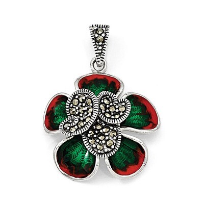 Marcasite &amp; Enamel Flower Pendant Sterling Silver QP3984