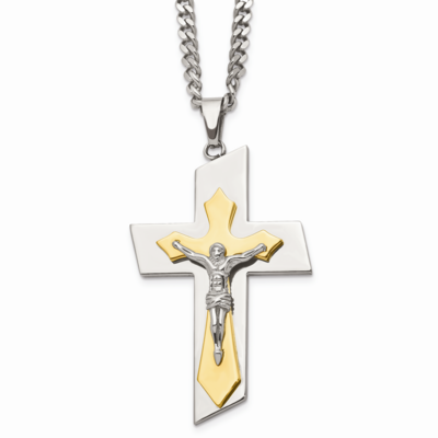 Gold IP-plated Crucifix Pend Necklace Stainless Steel Polished SRN938-24 by Chisel, MPN: SRN938-24,…