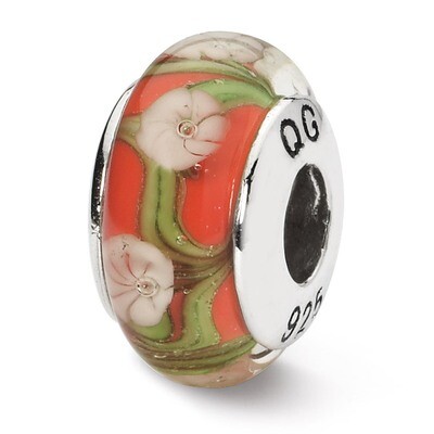 Red White Floral Hand-blown Glass Bead - Sterling Silver QRS1313, MPN: QRS1313, 883957302737