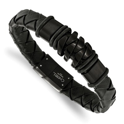 IP-plated Black Leather Bracelet Stainless Steel Brushed Black SRB2241-8.25 by Chisel, MPN: SRB2241…