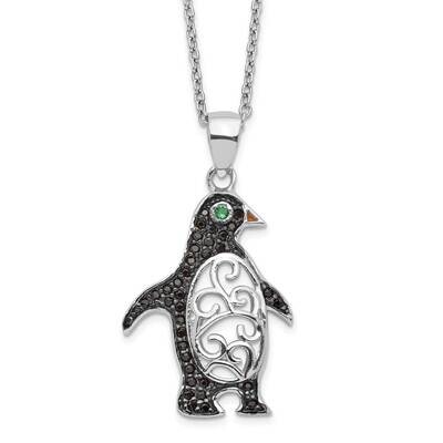 Cheryl M Black B&amp;W CZ Diamond Green Glass Penguin Necklace Sterling Silver Rhodium-plated QCM1447-1…