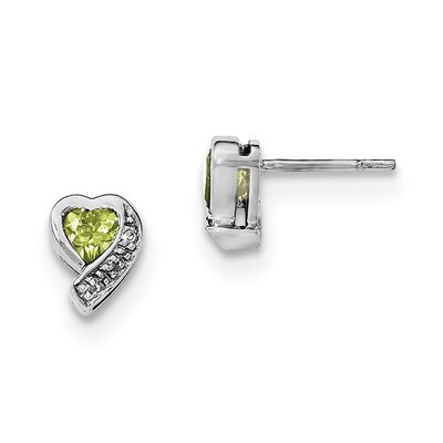 Peridot and Diamond Heart Earrings Sterling Silver Rhodium-plated QE12618PE, MPN: QE12618PE, 191101…