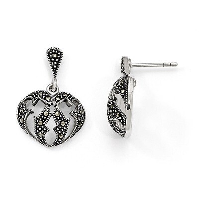 Marcasite Heart Dangle Post Earrings Sterling Silver QE11120