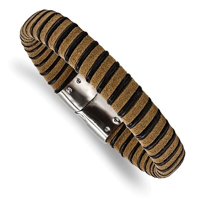 Light Brown Suede Black Leather Bracelet Stainless Steel Brushed SRB1813-8.5 by Chisel, MPN: SRB181…