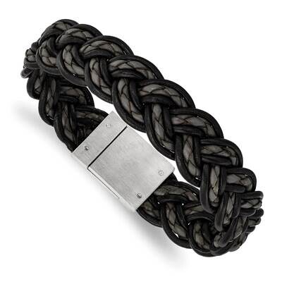 Black and Grey Woven Leather Bracelet Stainless Steel Brushed SRB1342-8.5 by Chisel, MPN: SRB1342-8…
