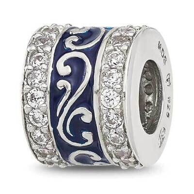 Polished CZ Blue Enameled Scroll Bead Sterling Silver QRS4357, MPN: QRS4357,